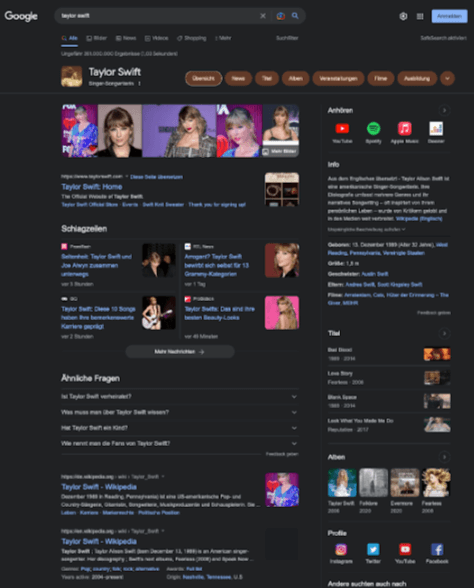 Beispiel Semantische Suchmaschine Ergebnisse Taylor Swift