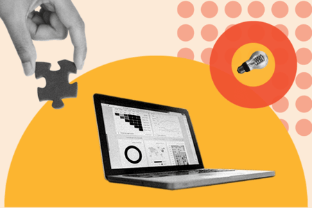 Smart Data mit Laptop, Puzzle und Gluehbirne symbolisch dargestellt