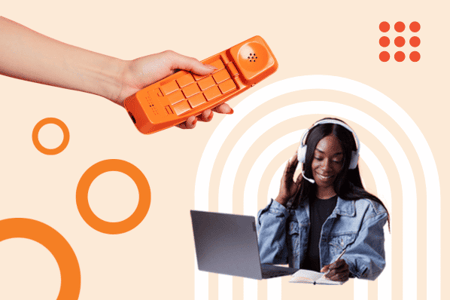 Telefonakquise mittels einer Collage mit einer telefonierenden Person und einer Hand, die einen Hoerer haelt, dargestellt