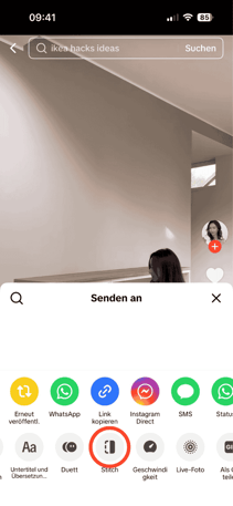 Screenshot aus TikTok mit der Markierung, wie man einen Stich verwendet