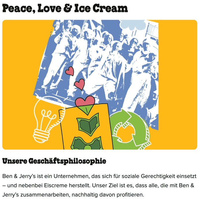USP: Screenshot von Ben & Jerry's Website und der Unternehmensphilosophie