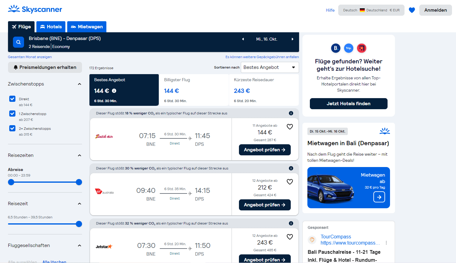 Screenshot UX-Design-Beispiel Skyscanner
