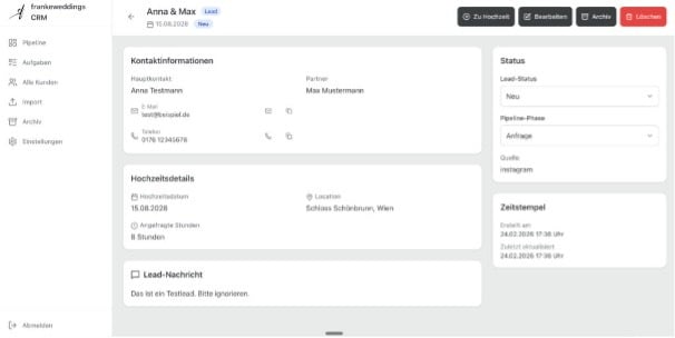 Screenshot eines Vibe-Coding-CRMs für Hochzeitsfotografen mit Kontaktdaten, Pipeline-Status und Hochzeitsdetails