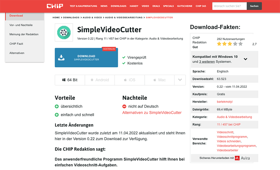 Videobearbeitungsprogramm SimpleVideoCutter