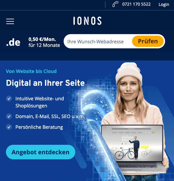 Screenshot Website Webhosting-Anbieter Ionos