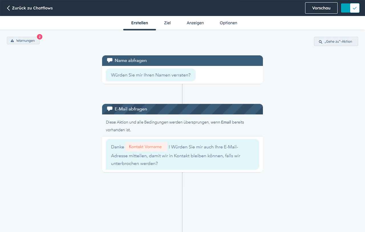 Screenshot des HubSpot Chatbot-Builders