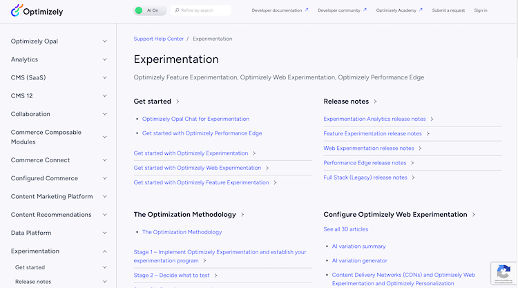 Screenshot der Wissensdatenbank von Optimizely