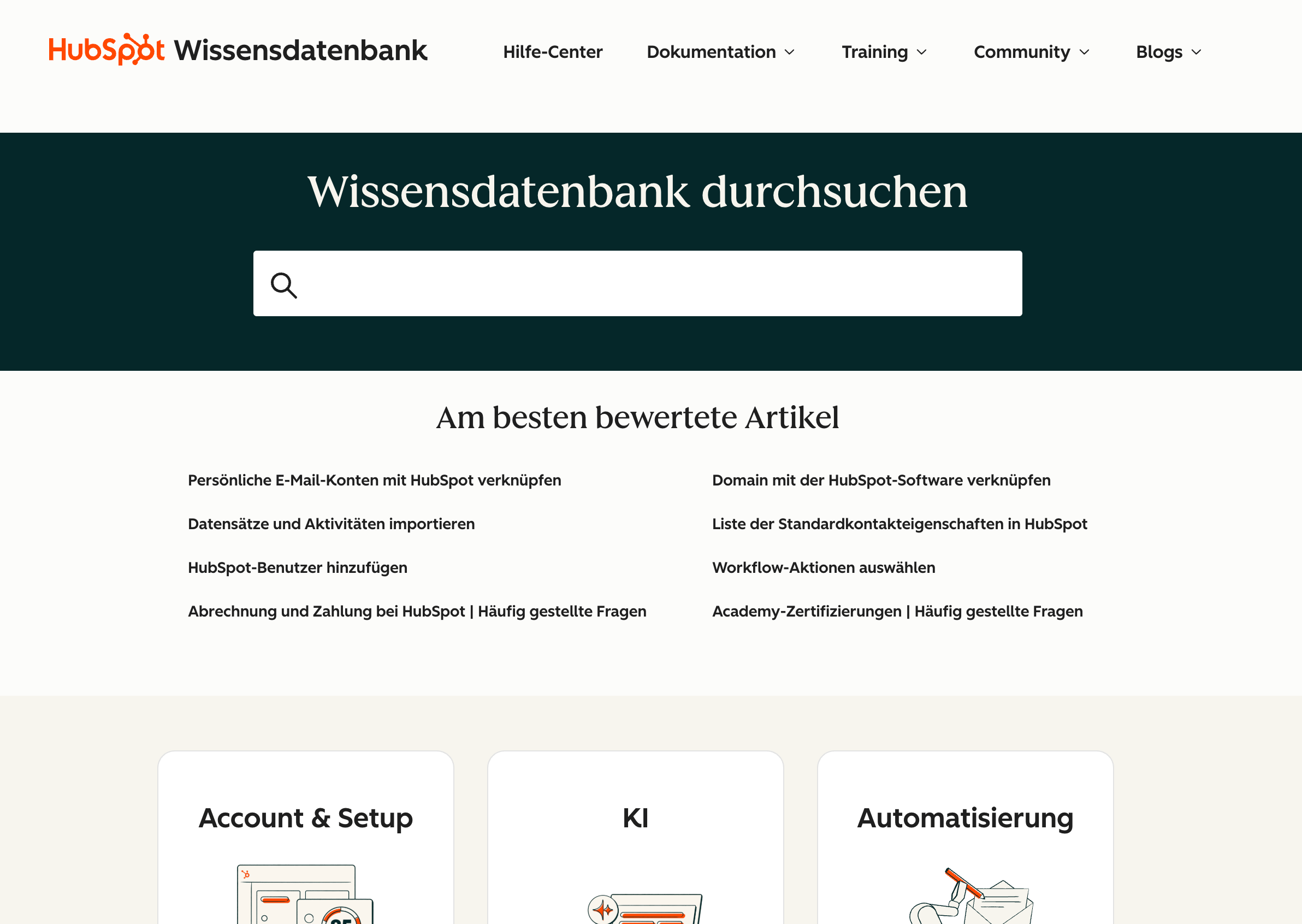 Screenshot der Wissensdatenbank von HubSpot
