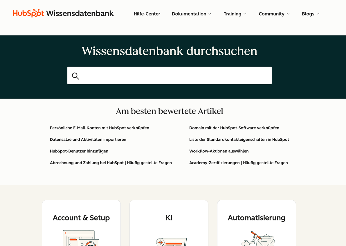 Screenshot der Wissensdatenbank von HubSpot