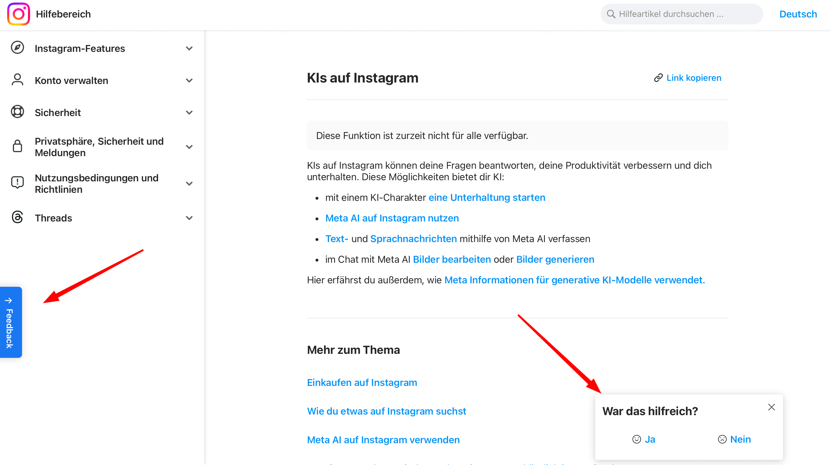 Screenshot der Wissensdatenbank von Instagram