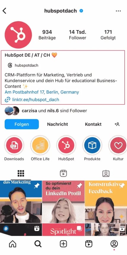 Instagram Bio von HubSpot