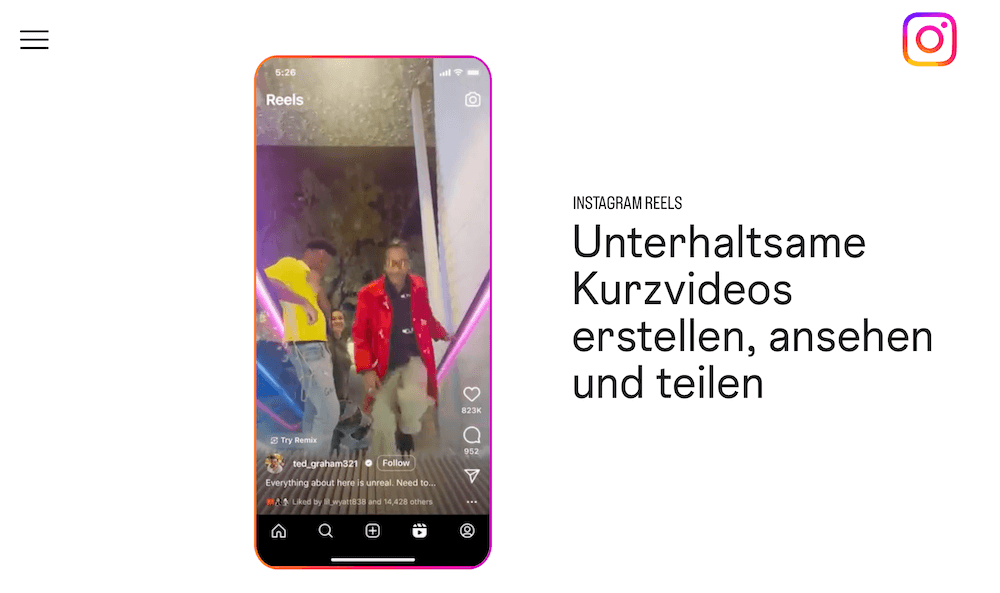 Screenshot der YouTube-Alternative Instagram Video und Reels