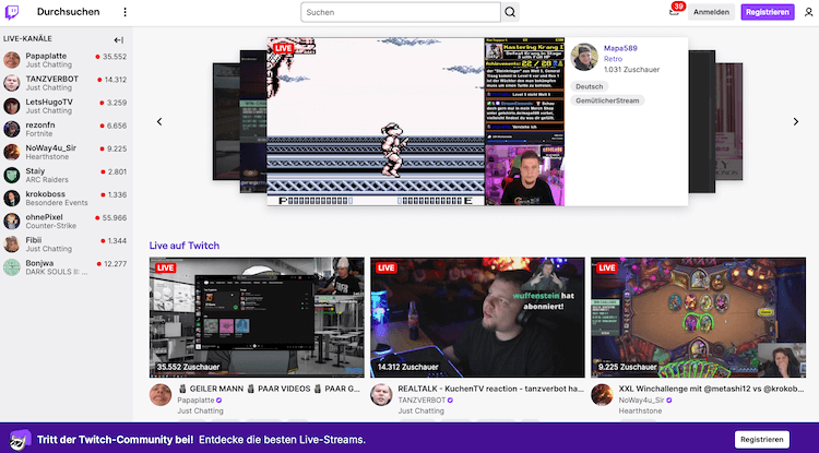 Screenshot der YouTube-Alternative twitch