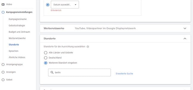 Screenshot: Google Anzeigen Standorte