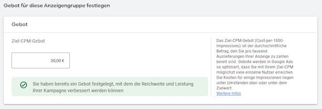 Screenshot: Google Anzeigen Gebote