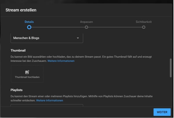 Youtube Livestream Einstellungen Ansicht