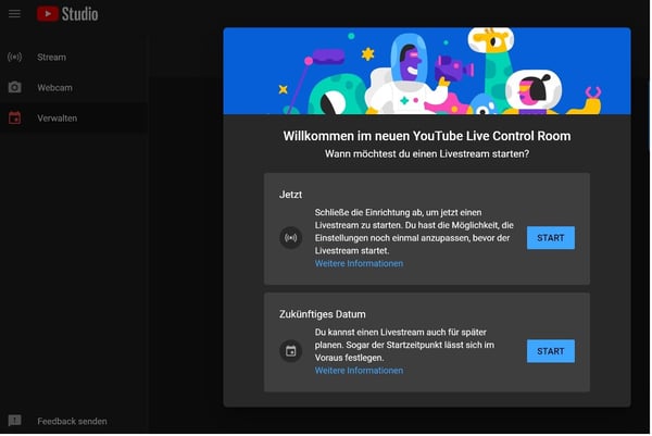 Youtube Livestream starten Ansicht
