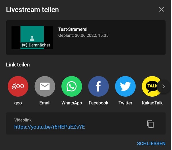 Youtube Livestream Teilen-Ansicht