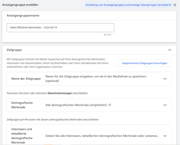 Screenshot aus Google Ads zum Erstellen einer Anzeigegruppe