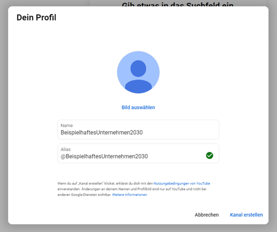 Screenshot den Menues, um Name und Alias zu wählen
