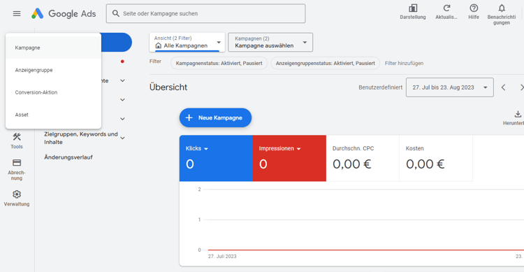 Screenshot des Google Ads Interface