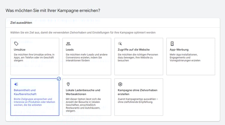 Screenshot zur Auswahl der Kampagne