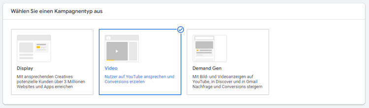 Screenshot aus Google Ads zur Auswahl des Kamagenentyps