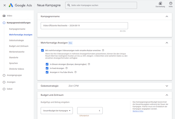 Screenshot aus Google-Ads-Manager zum Anlegen einer neuen Kampagne