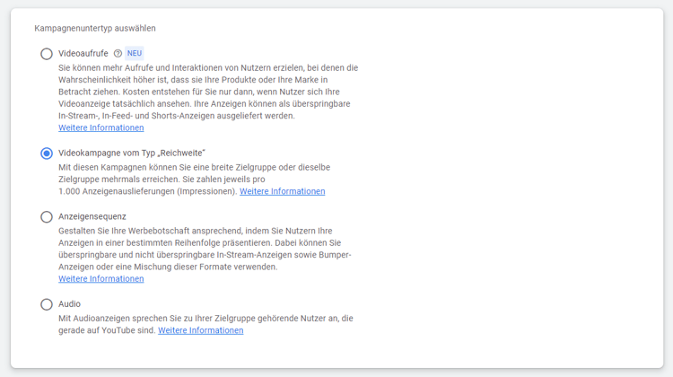 Screenshot Google Ads Reichweite als Kampagnenziel