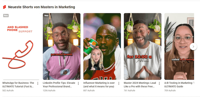 Screenshots von 5 YouTube Shorts des HubSpot Marketing Channels