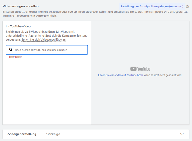 Screenshot Interface Google Ads zum erstellen einer Videoanzeige