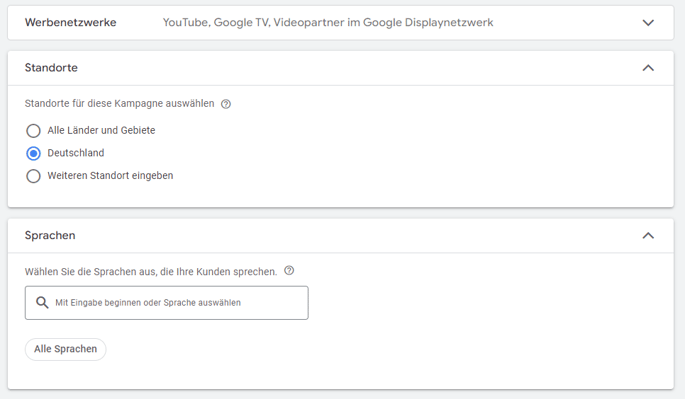 Screenshot Google Ads Interface zur Wahl des Standorts