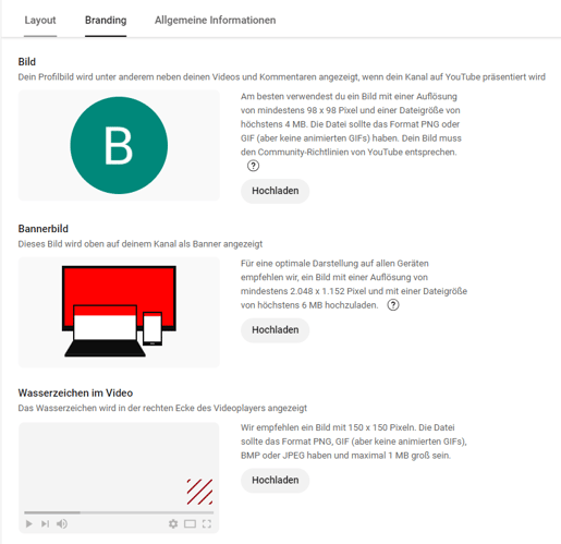 Screenshot der Branding-Seite auf YouTube