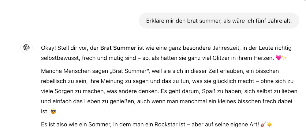 Screenshot ChatGPT mit einer einfachen Erklaerung des Brat Summers