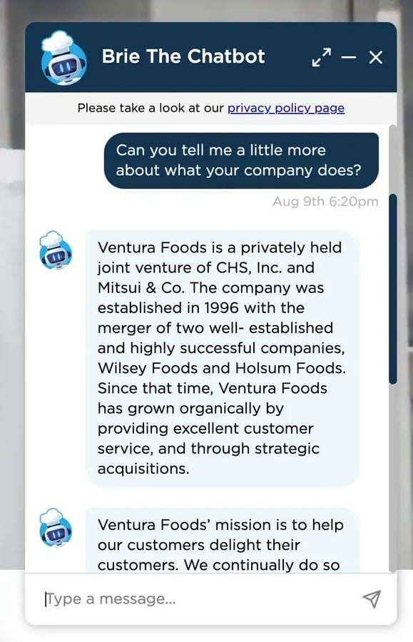 Screenshot des KI-Chatbots Brie der Ventura Food Website