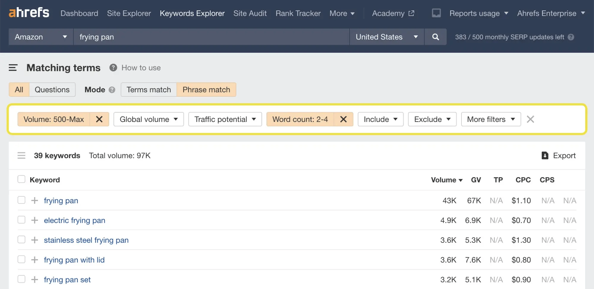 Screenshot der Ahref-Website im Tool zu Amazon-Keywords