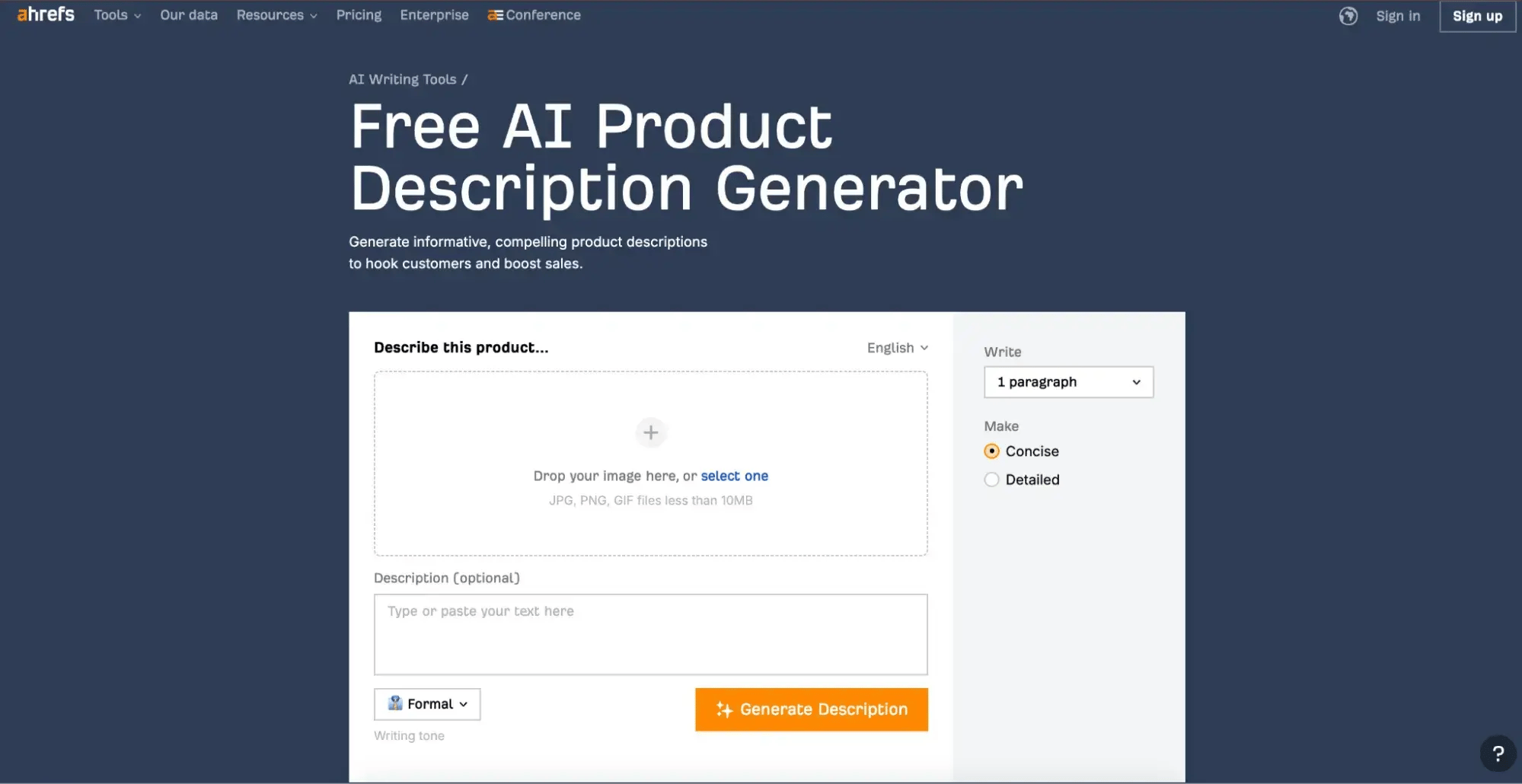 Screenshot der ahref Website mit dem kostenlosen KI Produktbeschreibungsgenerator