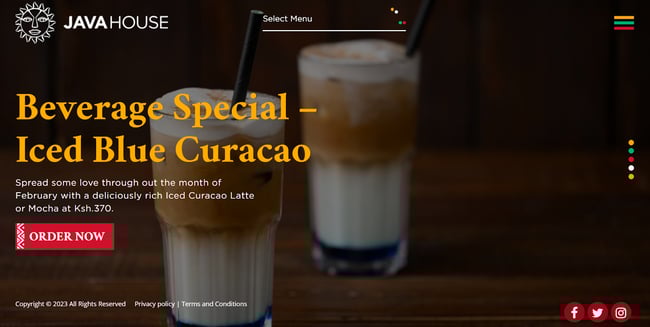 website example of the coffee shop website java house