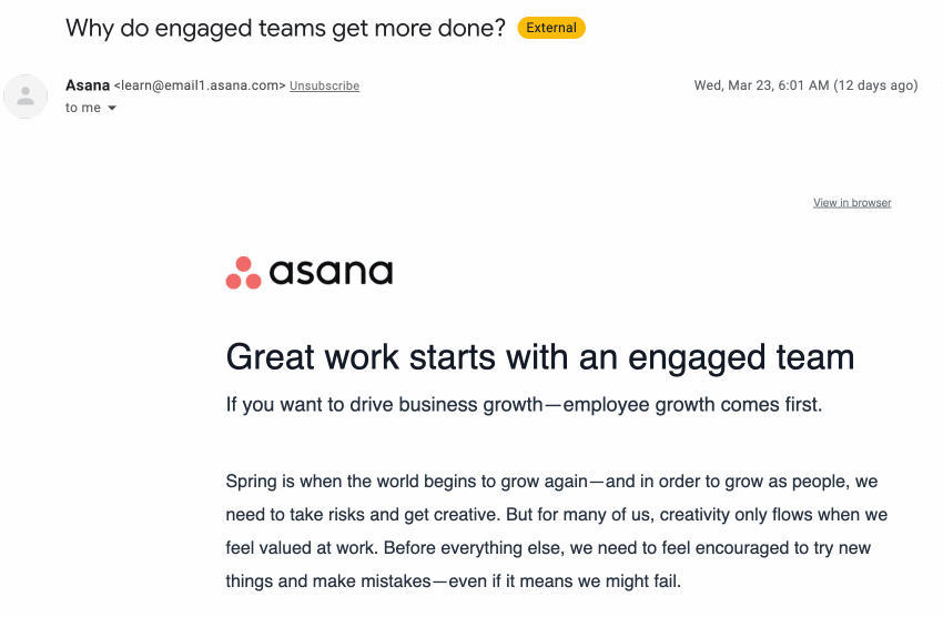 b2c email marketing example: asana