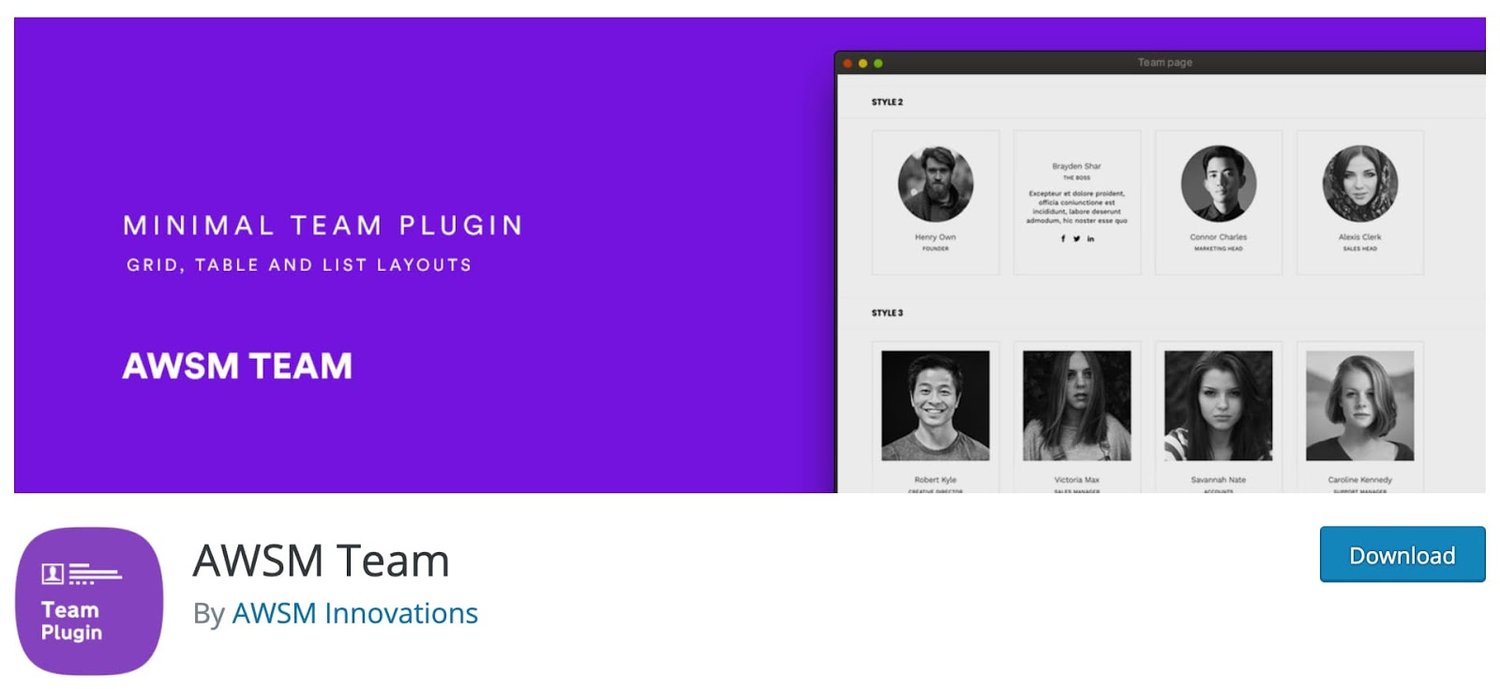 product page for the wordpress team member plugin ASWM Team