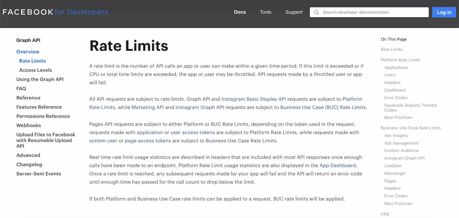 Facebook Graph API documentation clearly explains its rate limits