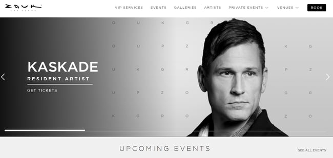 homepage for the nightclub website zouk