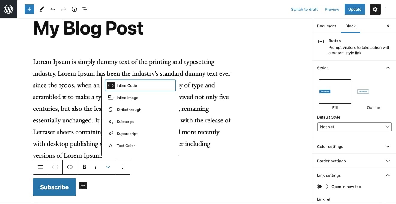 Button toolbar and sidebar settings in Gutenberg editor in WordPress dashboard