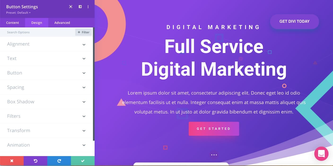 Button element settings in Divi Builder