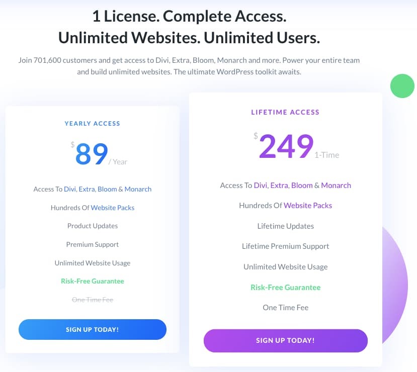 Divi pricing plans offer yearly or liftetime access