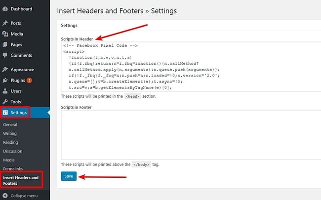 adding facebook pixel wordpress code to a wordpress header