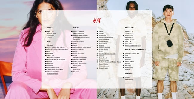 the H&M region navigation page