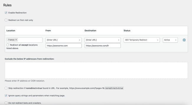 the ip2location redirection plugin settings pge