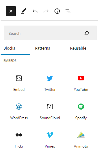 a menu of embeds blocks in wordpress