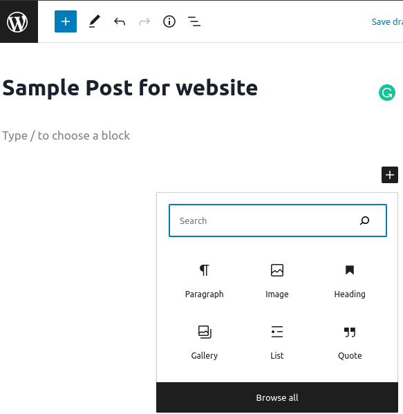 the blocks menu in the wordpress gutenberg editor